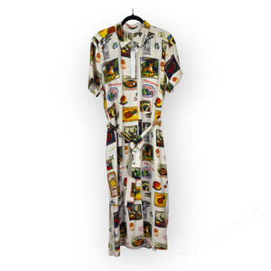 Medium NEW Jane+Delancey Postcard Travel ShirtDress Rayon Linen Slit Pockets